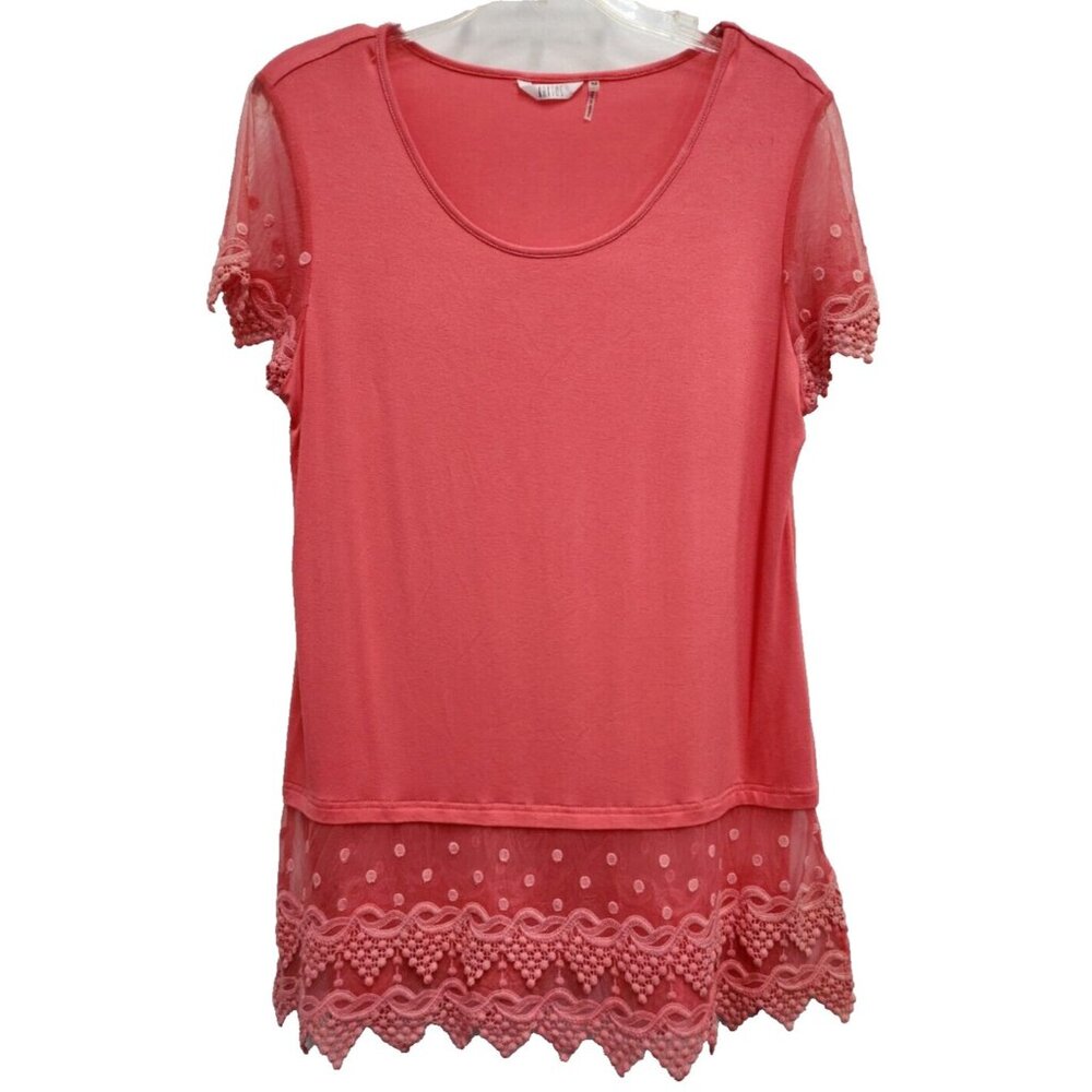 Kaktus Womens BOHO Tunic Top Medium Coral Lace Trim Short Sleeve Fairy Romantic
